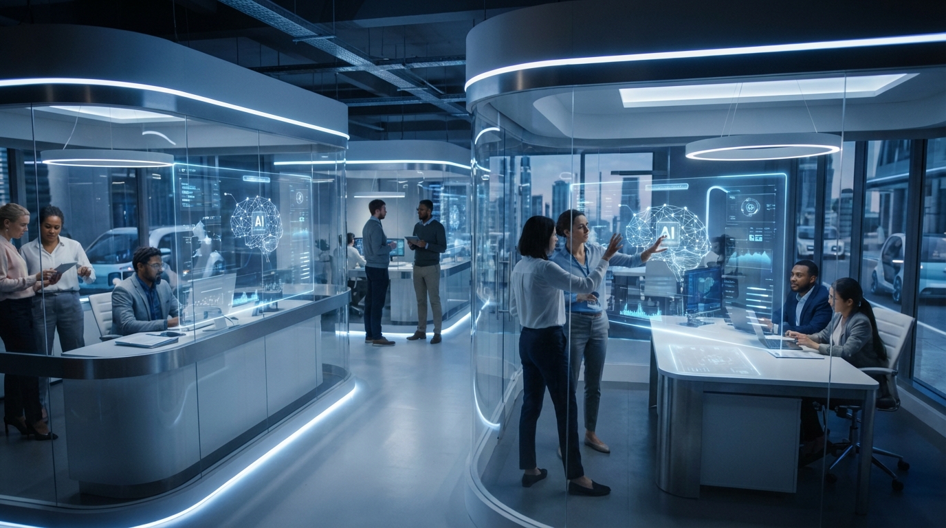 Futuristic modern office with digital holographic AI interfaces and professionals collaborating with AI systems