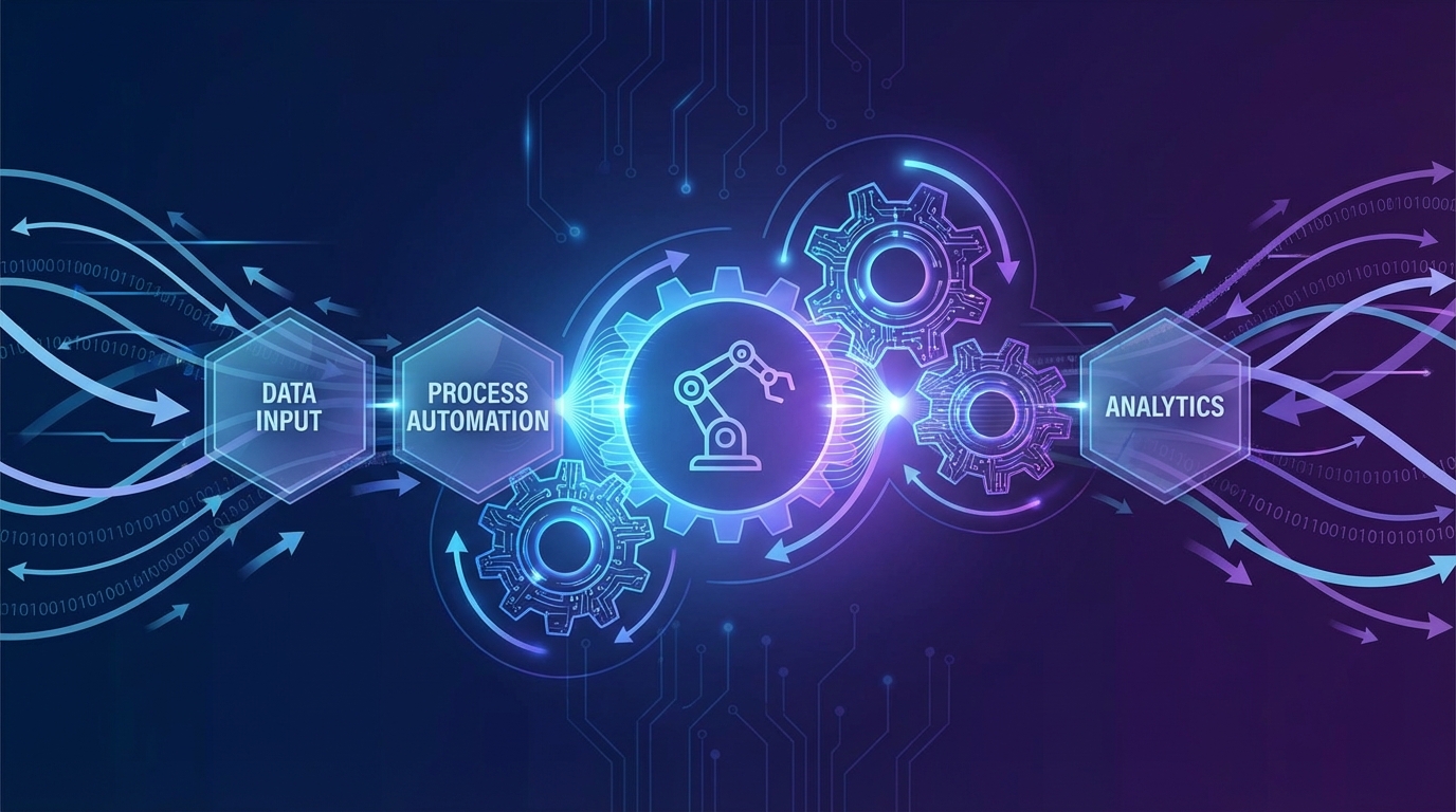 Abstract visualization of robotic process automation with flowing data streams and interconnected workflow nodes