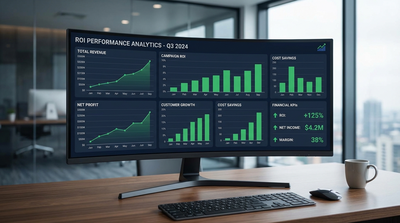 Business ROI dashboard with upward trending graphs and financial KPIs on a modern computer monitor