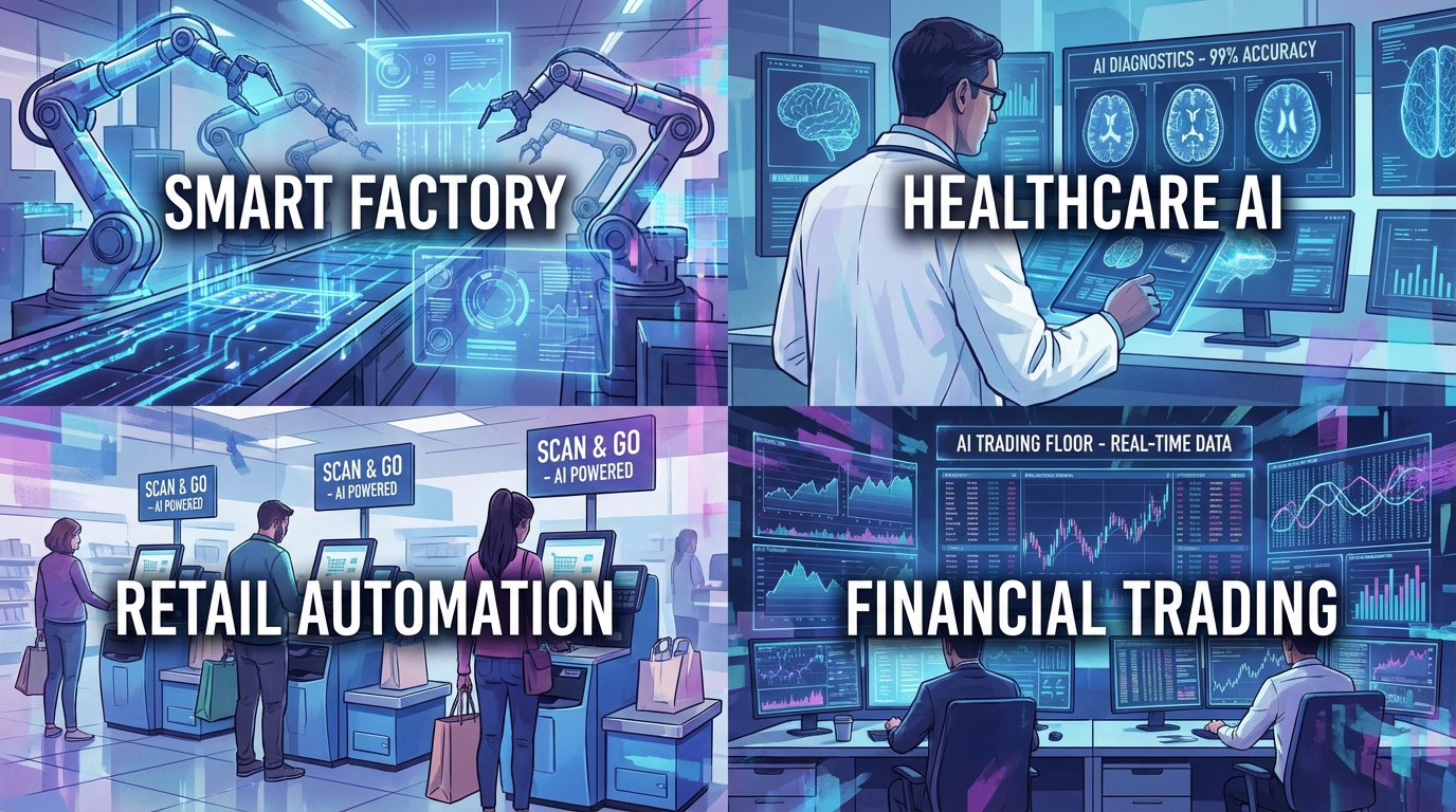 AI automation across industries including smart factory with robotic arms, hospital AI diagnostics, retail automation, and financial trading floor