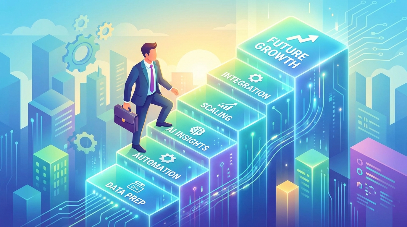 Professional business person climbing digital steps representing strategic AI automation implementation journey