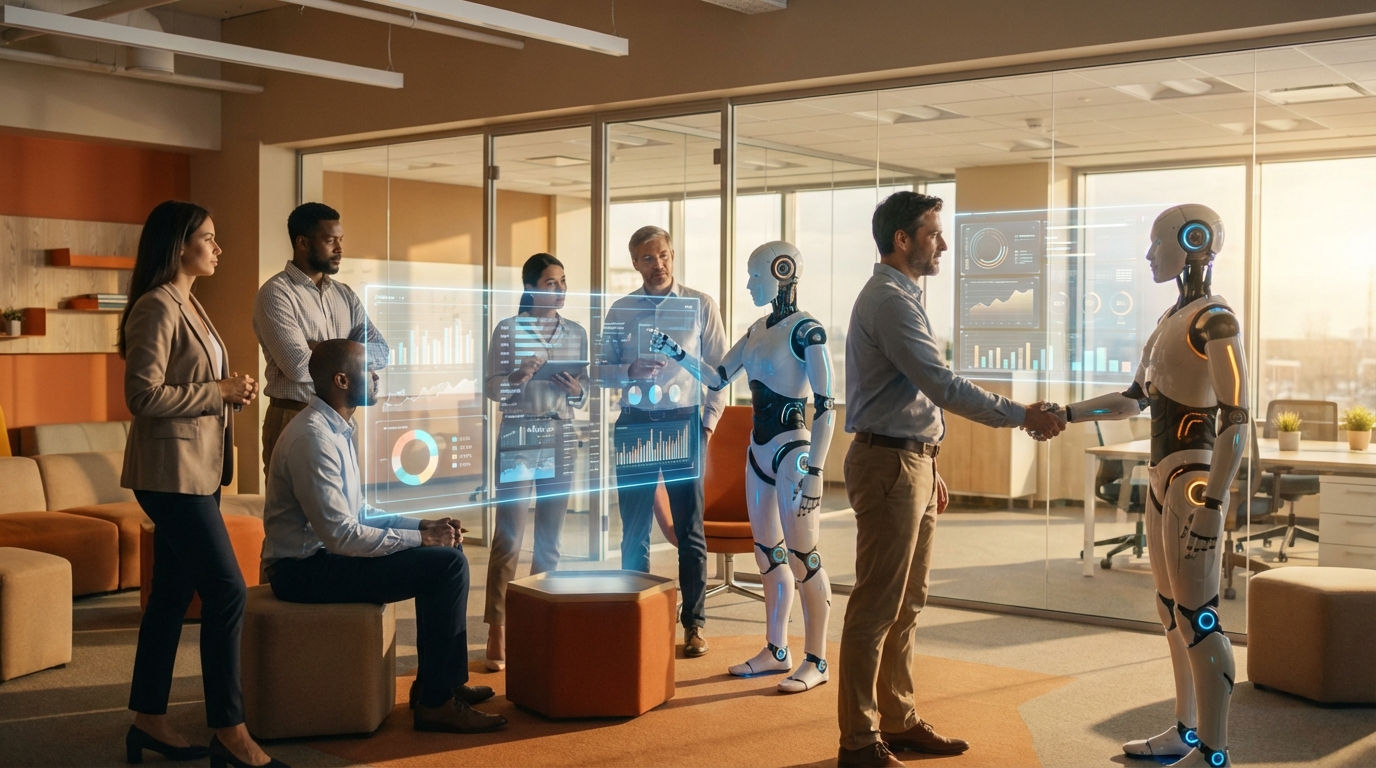 Diverse team of business professionals collaborating with AI companions in a modern office, representing human-AI workforce partnership