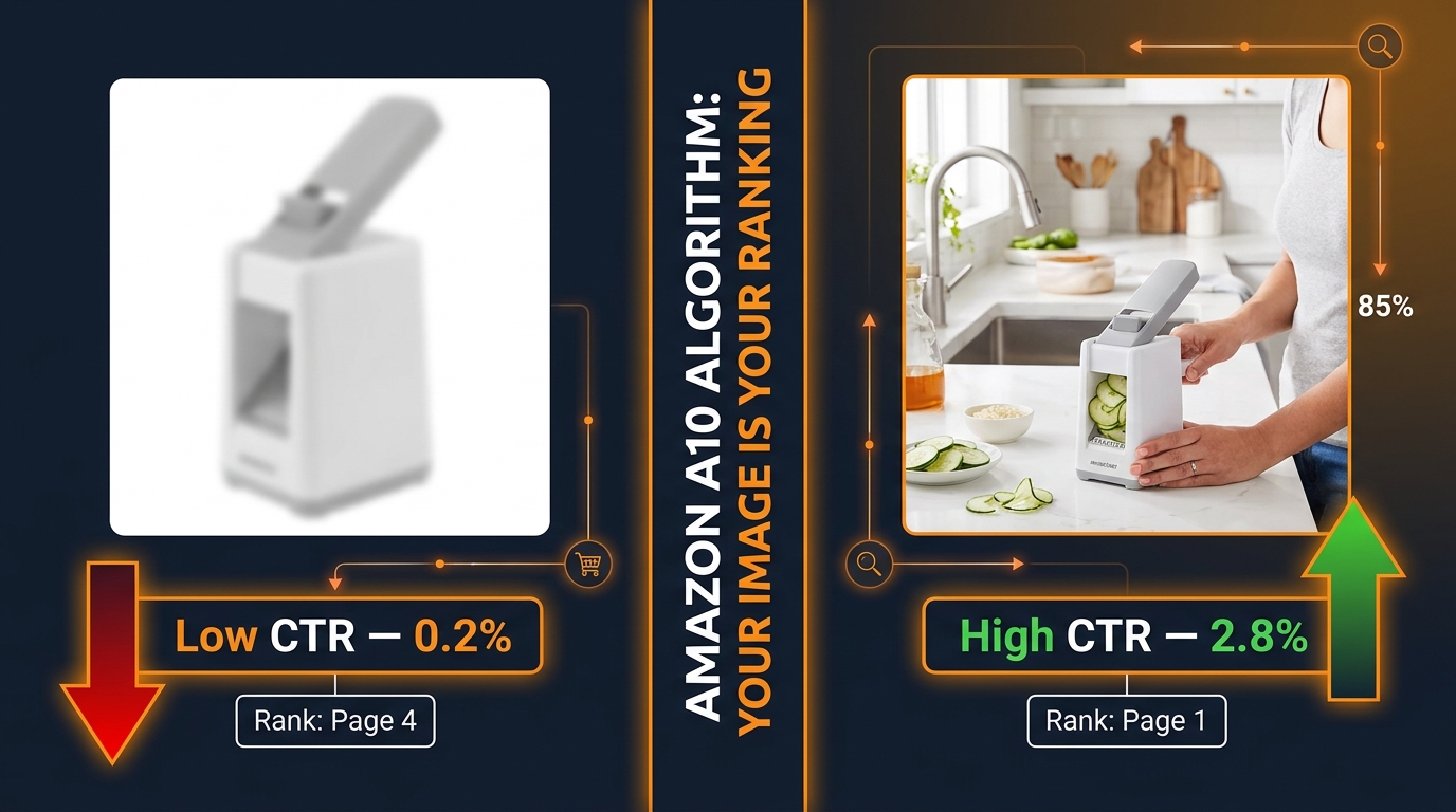 Amazon A10 algorithm image CTR ranking velocity split-screen comparison showing low CTR rank page 4 vs high CTR rank page 1