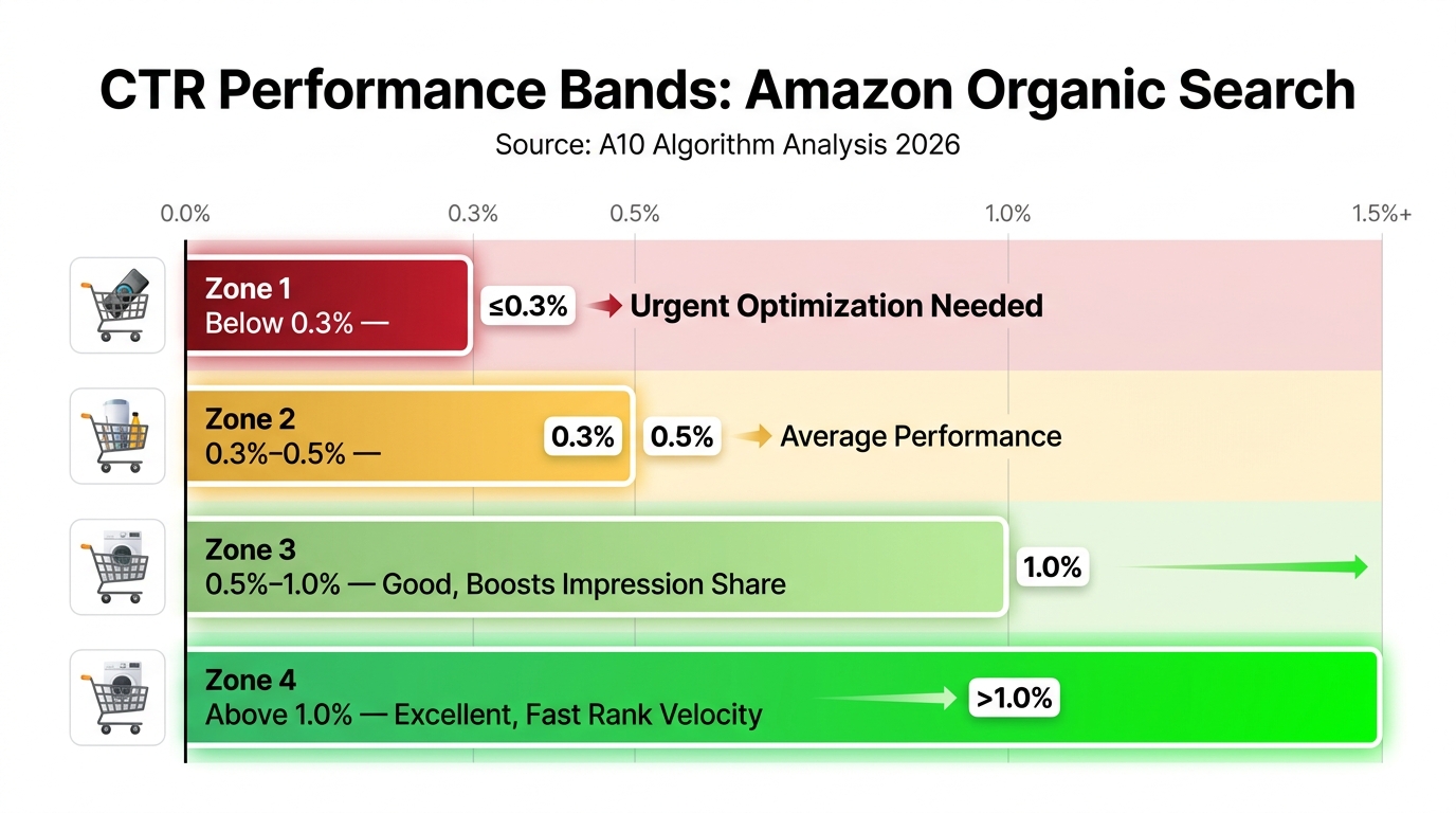 Amazon CTR benchmark zones infographic showing performance bands from below 0.3% urgent to above 1.0% excellent with ranking implications