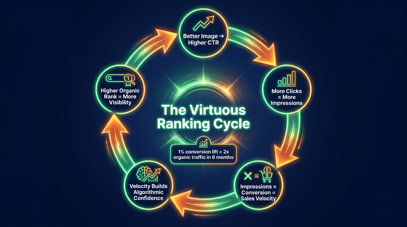 Amazon CTR ranking velocity compounding loop diagram showing virtuous cycle from better image to higher CTR to more impressions to sales velocity to higher organic rank