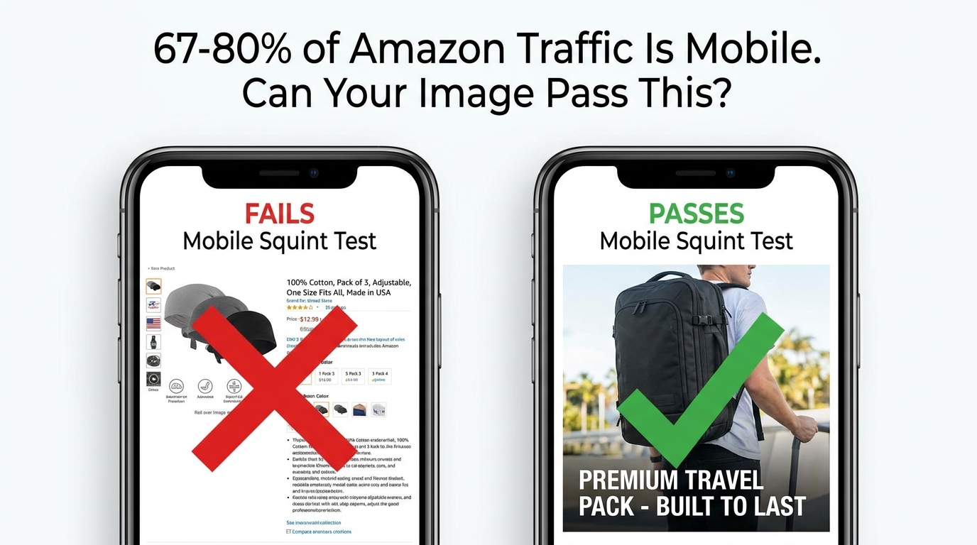 Split-screen mobile phone mockup showing the Amazon Squint Test comparing a failing product thumbnail with tiny illegible text versus a passing thumbnail with clear readable design