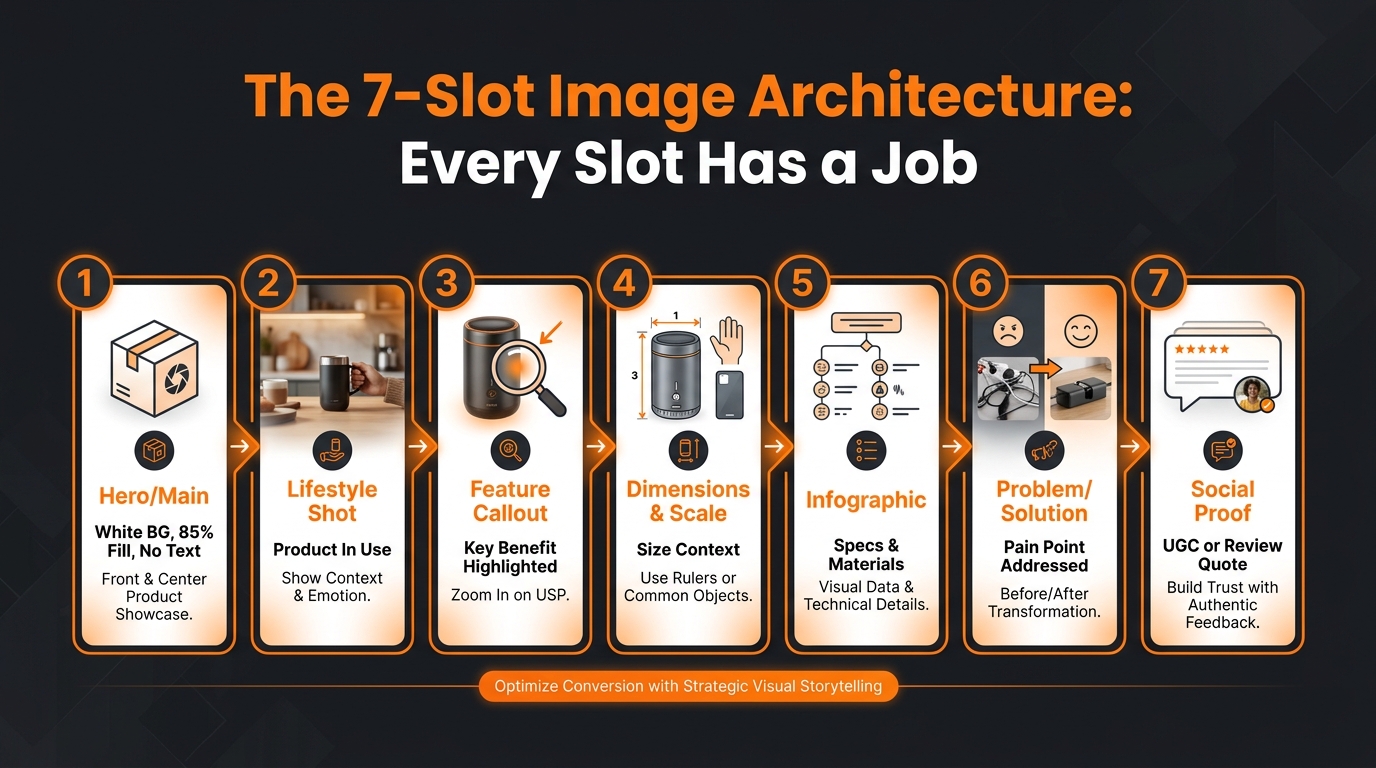 Amazon 7-slot image architecture infographic showing purpose of each image position from hero main image to social proof slot