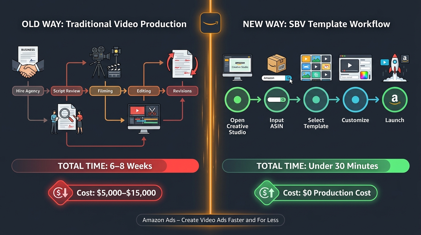 Split-screen comparison of old traditional video production workflow taking 6-8 weeks versus new Amazon SBV template workflow completing in under 30 minutes