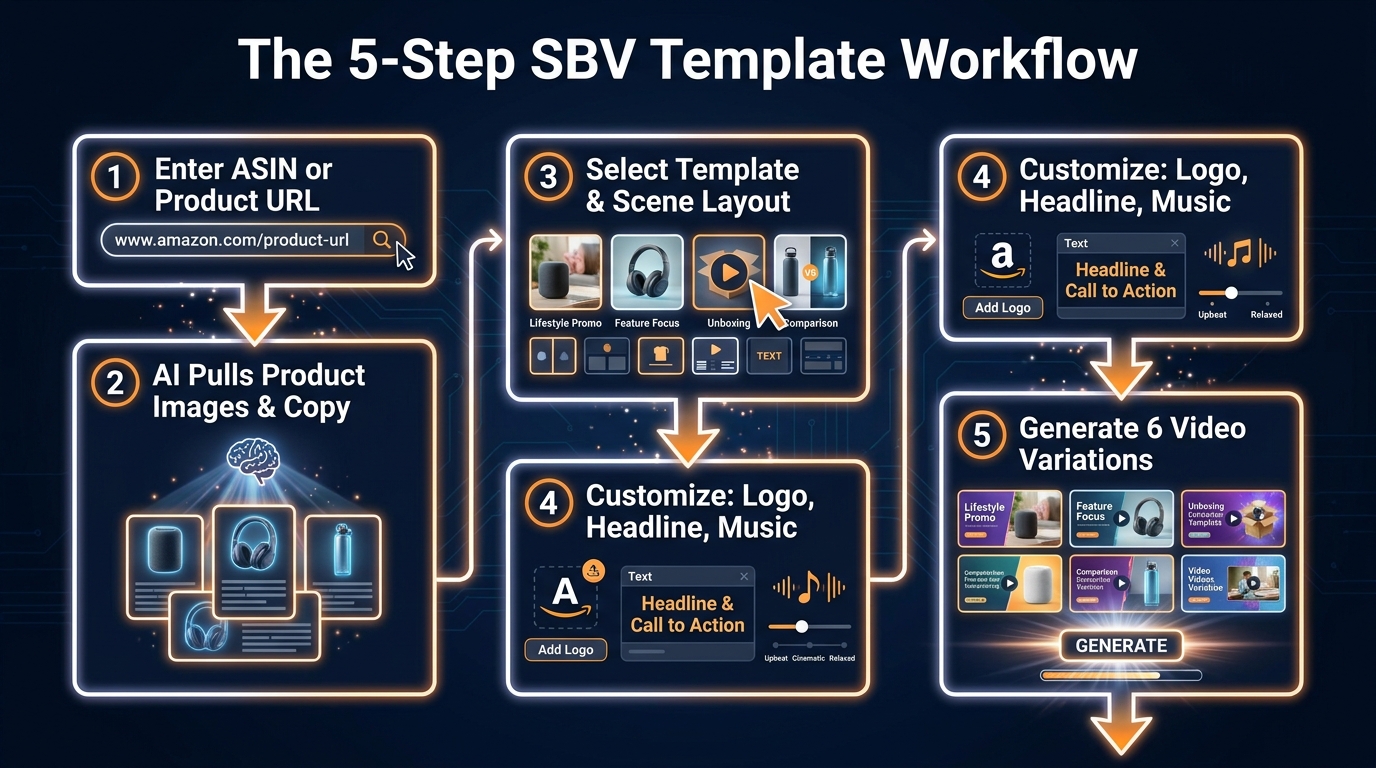 Five-step SBV template workflow flowchart from entering ASIN to generating six video variations in Amazon Creative Studio