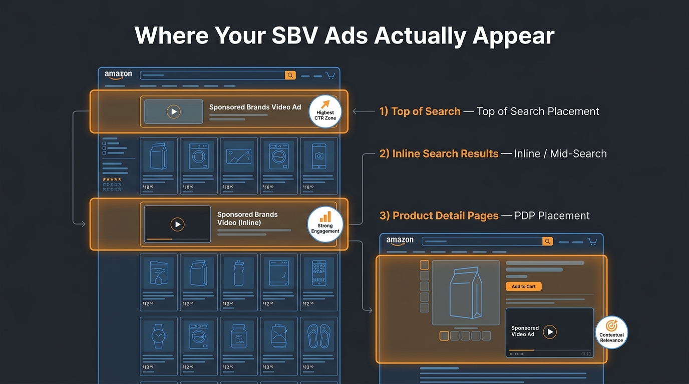 Amazon search results page diagram showing three SBV ad placement zones: Top of Search, Inline/Mid-Search, and Product Detail Page placements