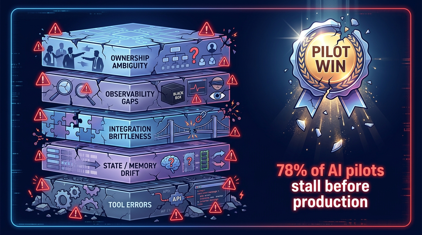 Vertical stack diagram showing the five layers of AI agent failure in production: tool errors, state drift, integration brittleness, observability gaps, and ownership ambiguity — with a pilot win badge collapsing above them