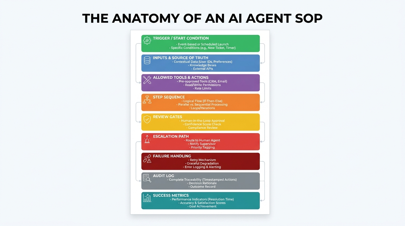 Structured document layout showing the nine labeled sections of an AI Agent SOP: trigger, inputs, allowed tools, step sequence, review gates, escalation path, failure handling, audit log, and success metrics