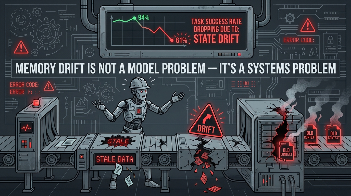 Robot agent running a broken workflow assembly line with stale data patches, drift warning signs, and corrupted memory cache, showing task success rate dropping from 94% to 61% due to state drift