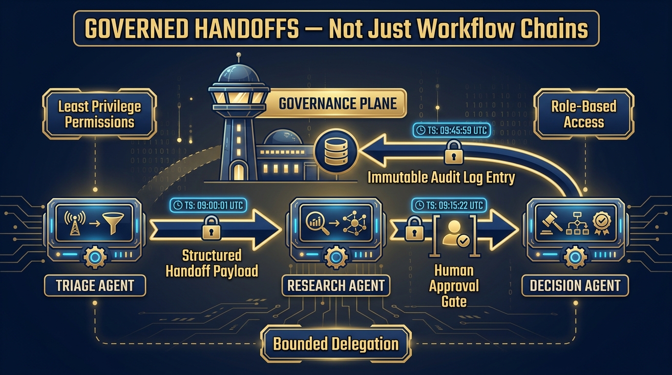 Governance diagram showing three agents — Triage Agent, Research Agent, Decision Agent — connected by labeled arrows with structured handoff payloads, human approval gates, and immutable audit log entries, overseen by a central Governance Plane