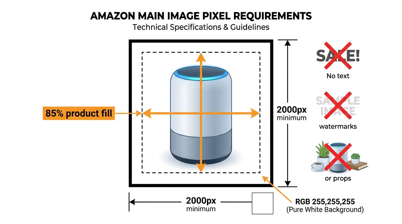 Amazon main image technical requirements infographic — 2000px minimum, 85% product fill, RGB 255,255,255 white background, no text or watermarks