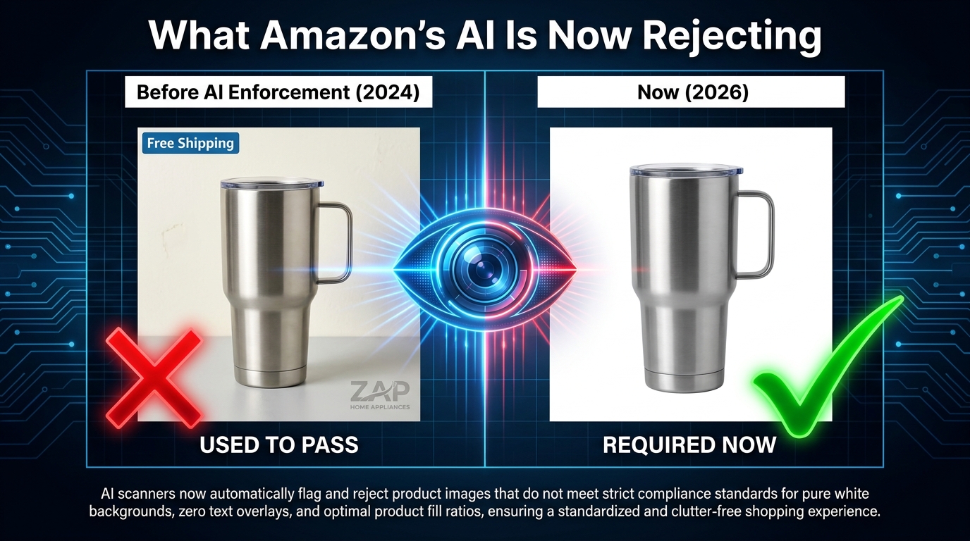 Before vs. After comparison showing what Amazon's AI enforcement now rejects versus what passes in 2026