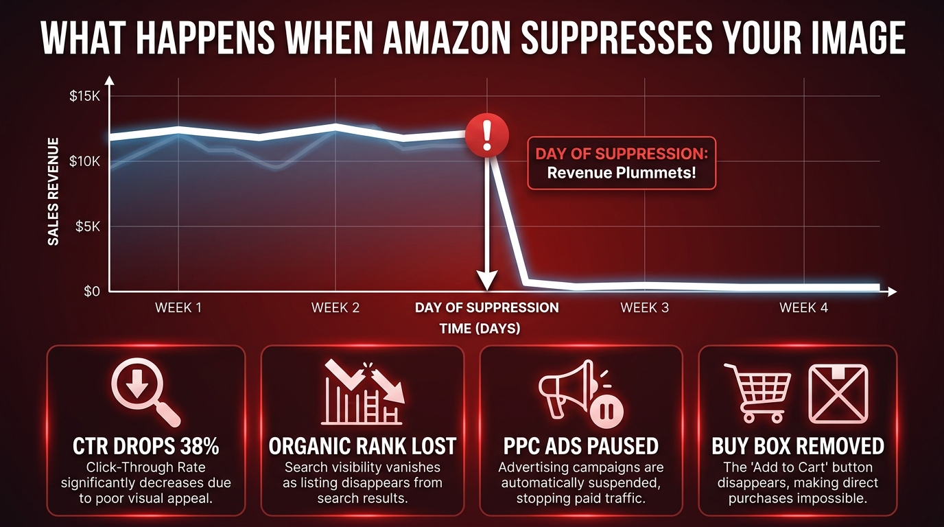 Business impact of Amazon listing suppression — CTR drops, rank loss, PPC paused, Buy Box removed