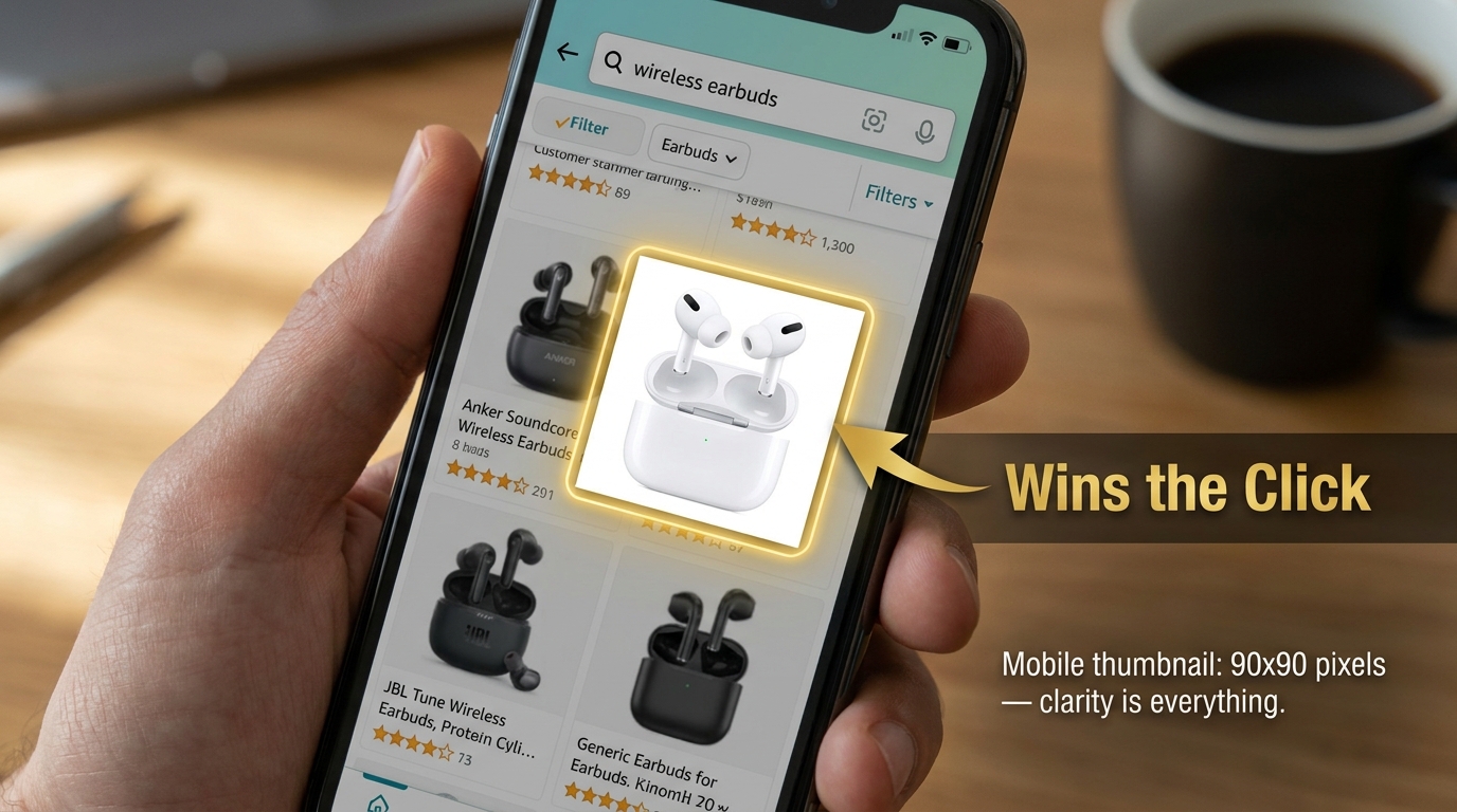 Amazon mobile search results showing one high-quality product thumbnail standing out among competitors — winning the click with proper image quality and product fill