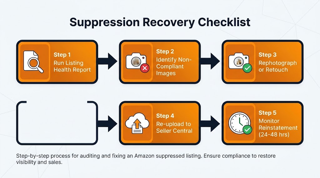 Suppression recovery checklist — five-step process from running a listing health report to monitoring reinstatement within 24 to 48 hours