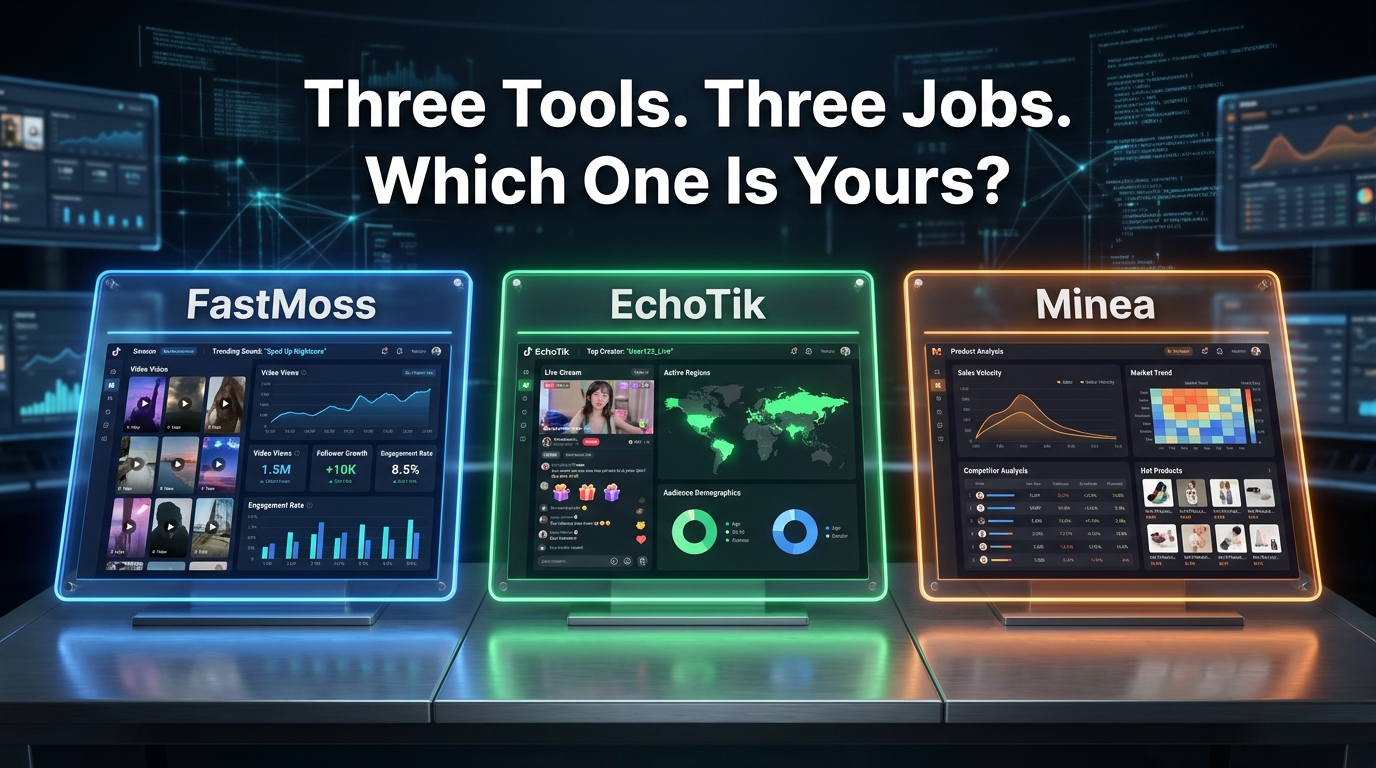 Three analytics dashboards for FastMoss, EchoTik, and Minea side by side with the headline Three Tools Three Jobs Which One Is Yours