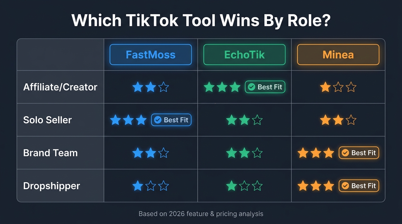 Decision matrix comparing FastMoss EchoTik and Minea across four user roles affiliates solo sellers brand teams and dropshippers