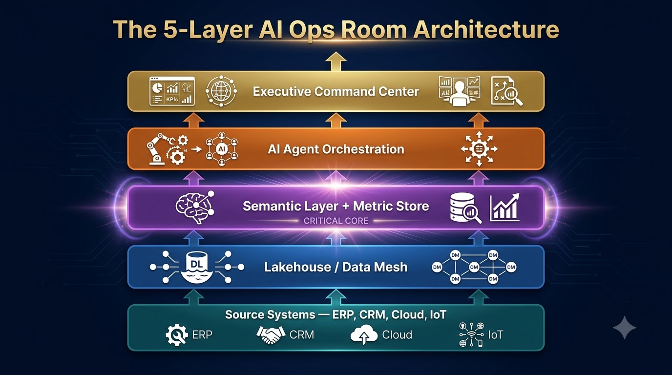 Five-layer AI Ops Room architecture diagram showing source systems, data mesh, semantic layer, AI agent orchestration, and executive command center
