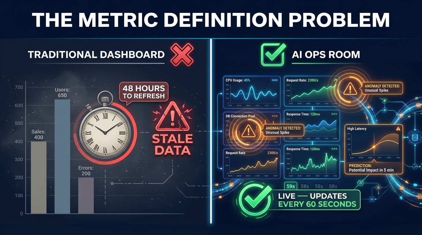 Comparison infographic showing traditional dashboard with stale data versus AI Ops Room with real-time live updates and anomaly detection