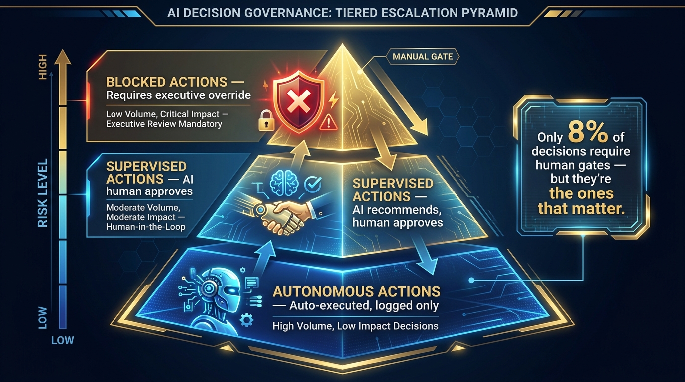 Tiered AI decision governance pyramid showing autonomous actions at the base, supervised actions in the middle, and blocked executive-override actions at the top