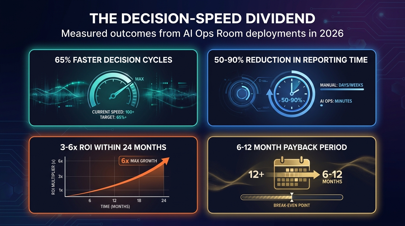 ROI metrics dashboard showing 65% faster decision cycles, 50-90% reduction in reporting time, 3-6x ROI within 24 months, and 6-12 month payback period