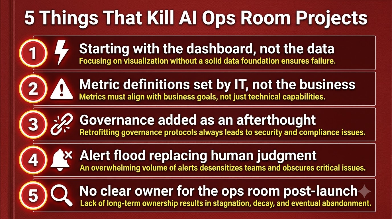 Five warning signs that kill AI ops room projects including starting with the dashboard not the data, poor metric definitions, governance as afterthought, alert floods, and no clear ownership