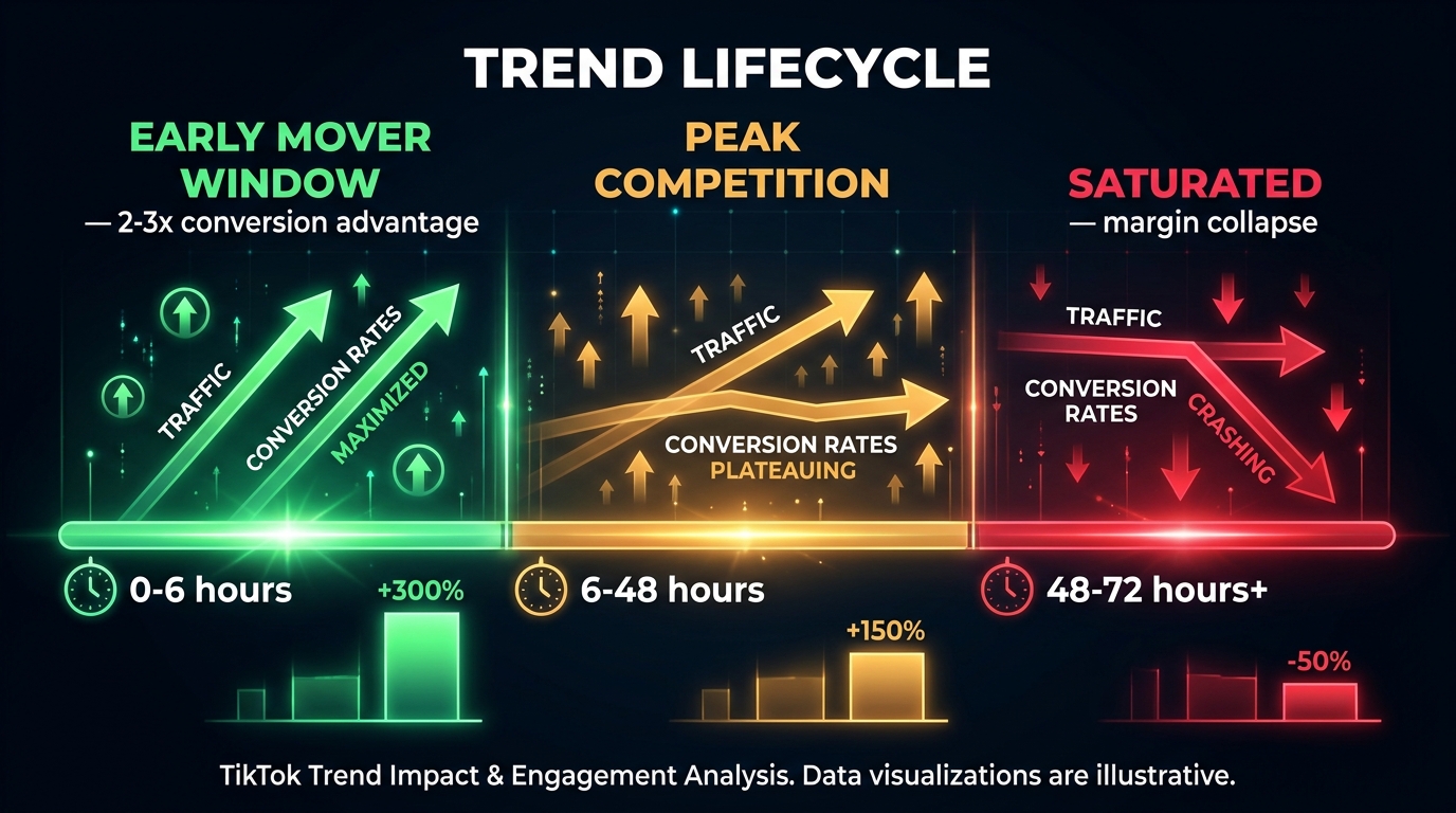 TikTok trend lifecycle infographic showing early mover window, peak competition, and saturation zones across 72 hours