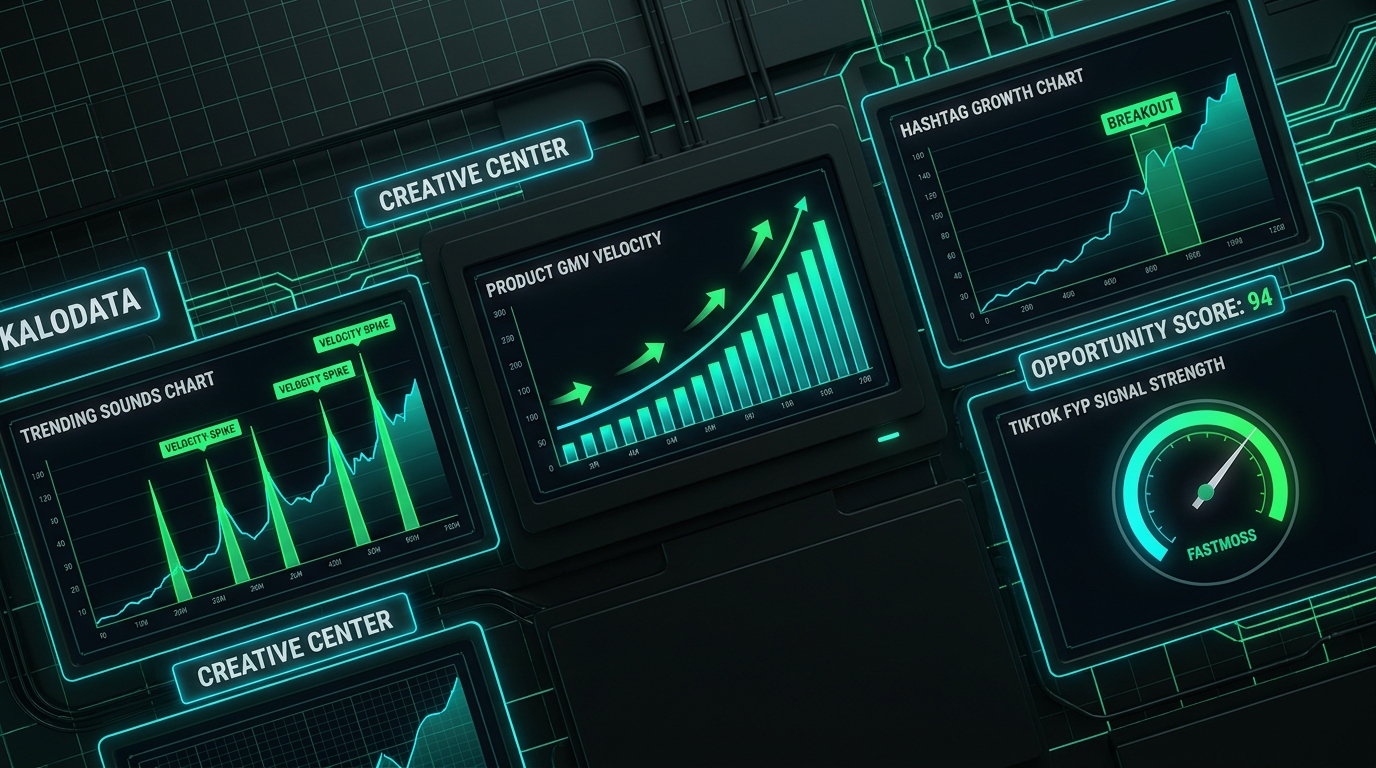 Real-time TikTok trend detection dashboard showing Kalodata, FastMoss, Creative Center, and velocity analytics screens