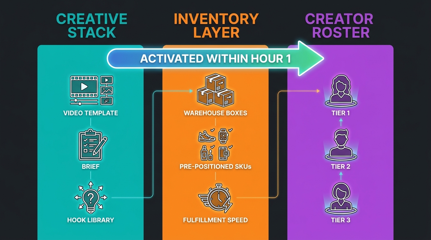 Pre-built TikTok trend hijacking infrastructure diagram showing creative stack, inventory layer, and creator roster pillars
