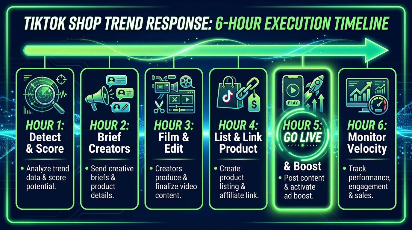 Hour-by-hour TikTok Shop trend response execution timeline: Detect, Brief, Film, List, Publish, Monitor