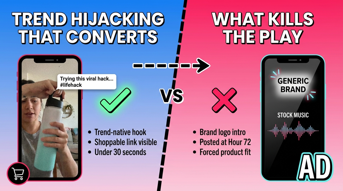 Split-screen comparison of TikTok Shop trend hijacking content that converts vs. content that just gets views
