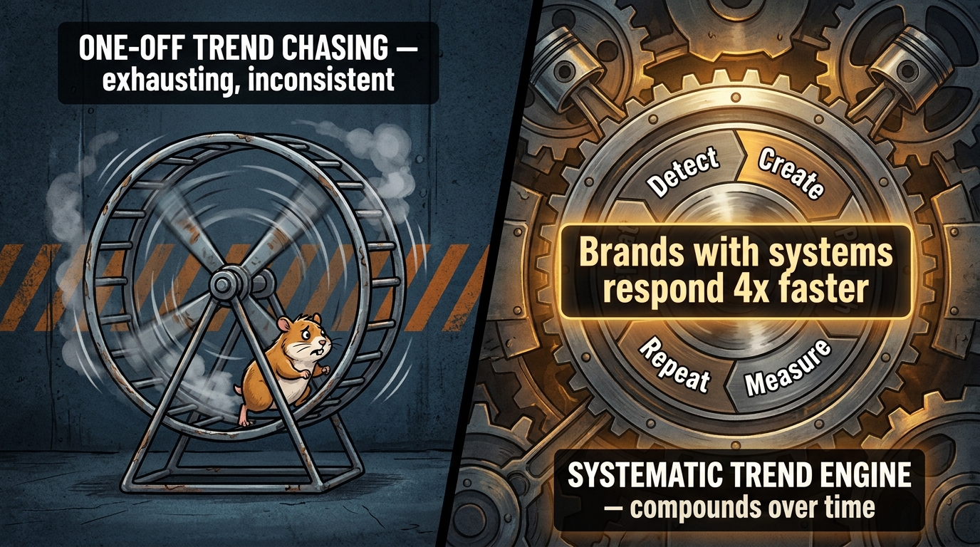 Comparison of one-off trend chasing hamster wheel versus a systematic trend hijacking flywheel engine