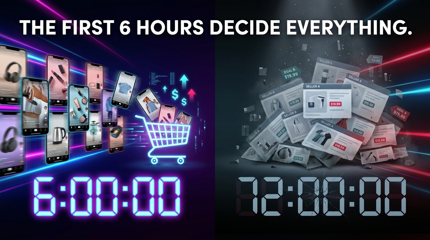 Split-screen showing a 6-hour countdown with TikTok products selling fast versus a 72-hour clock with sellers buried under competition
