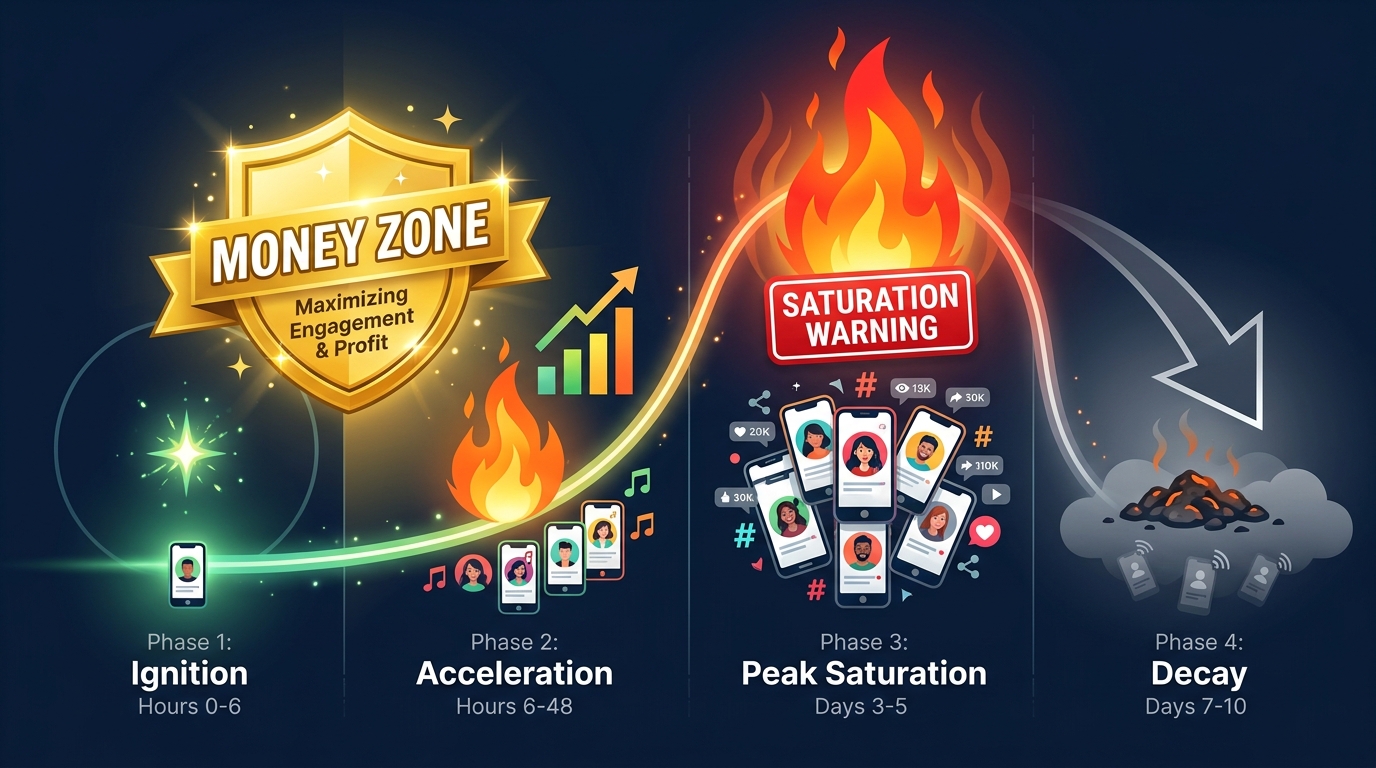 Infographic diagram of the four TikTok trend lifecycle phases showing ignition, acceleration, peak saturation, and decay with a gold Money Zone badge