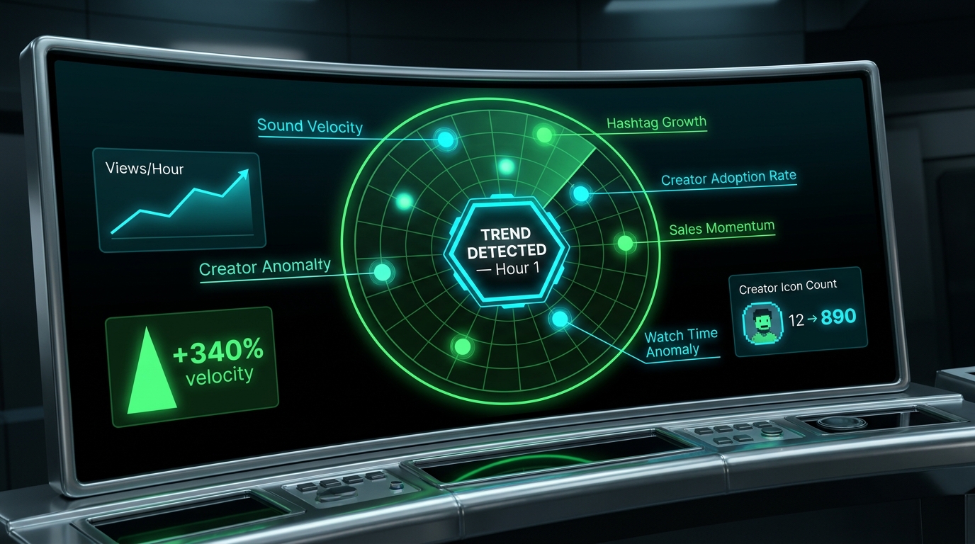Futuristic trend radar dashboard showing real-time signals including sound velocity, hashtag growth, and creator adoption rate with a Trend Detected Hour 1 alert