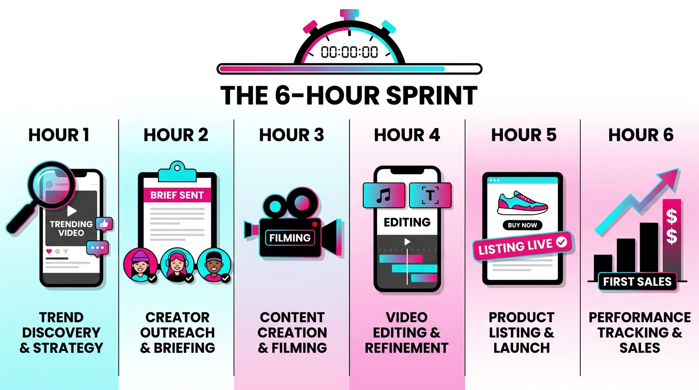 Six-hour sprint workflow showing Hour 1 through Hour 6 steps from trend detection through creator filming to product listing going live and first sales