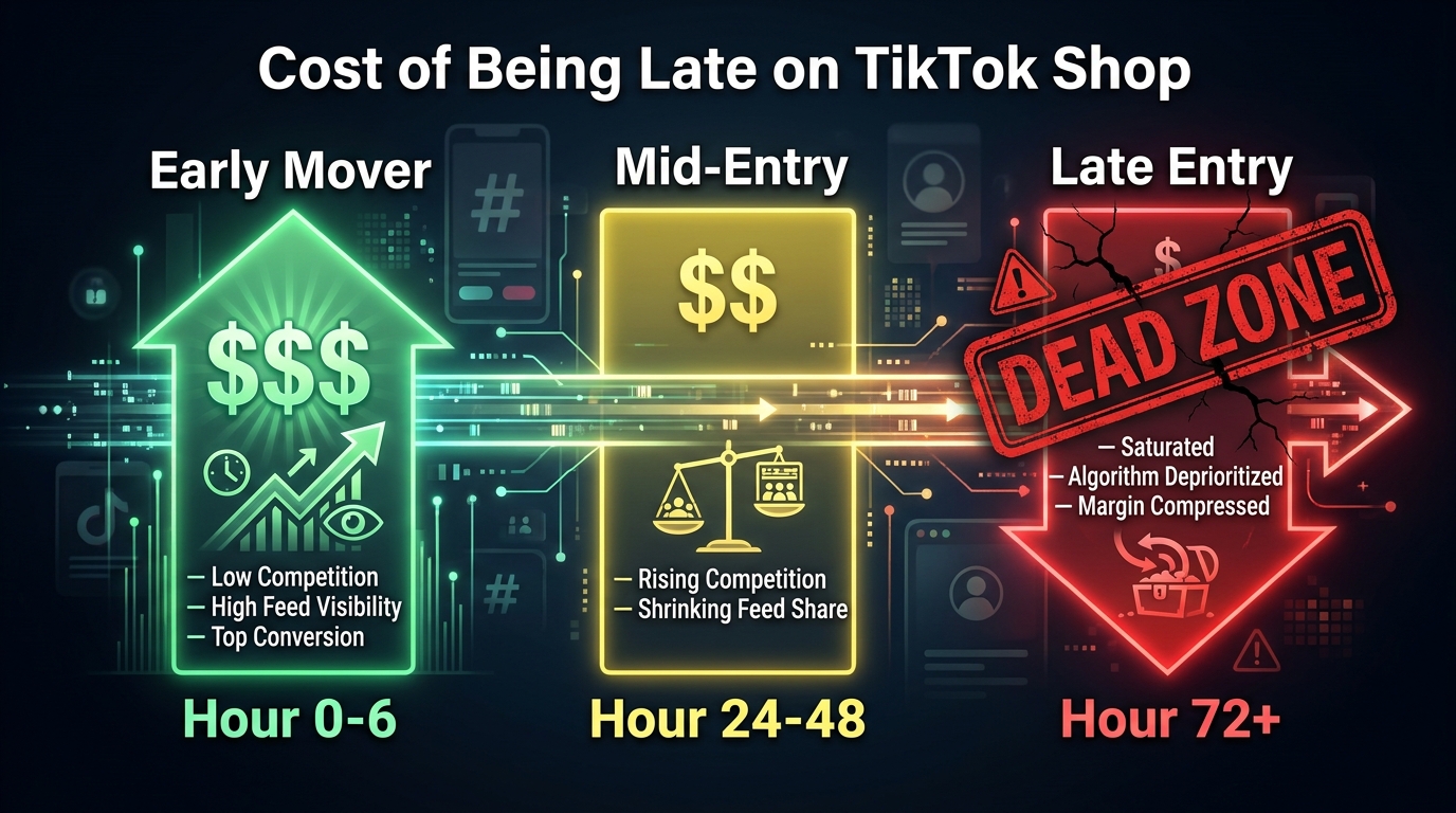 Timeline showing the cost of late entry on TikTok Shop with green early mover bar, yellow mid-entry bar, and red late entry dead zone at 72 hours with shrinking dollar signs