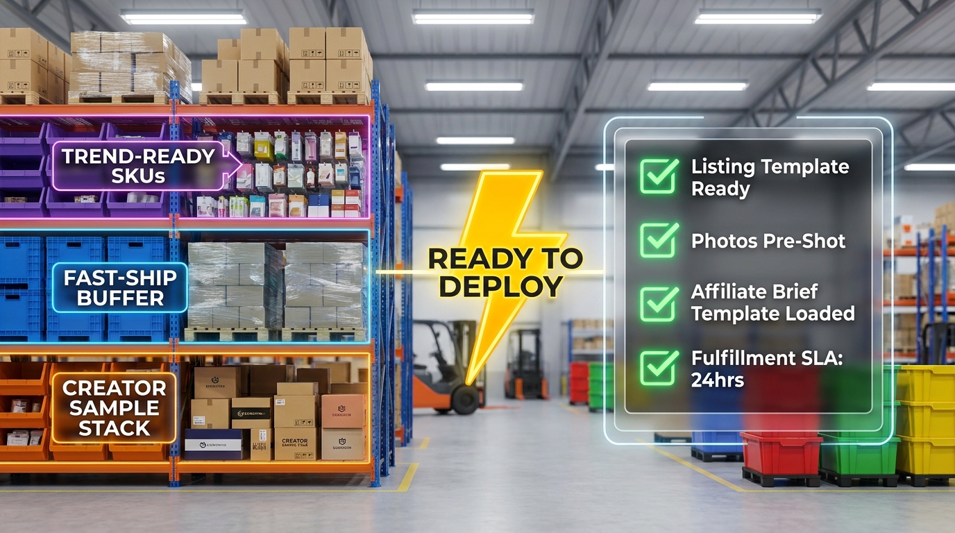 Warehouse with pre-staged inventory zones labeled Trend-Ready SKUs, Fast-Ship Buffer, and Creator Sample Stack with a deployment checklist showing green checkmarks