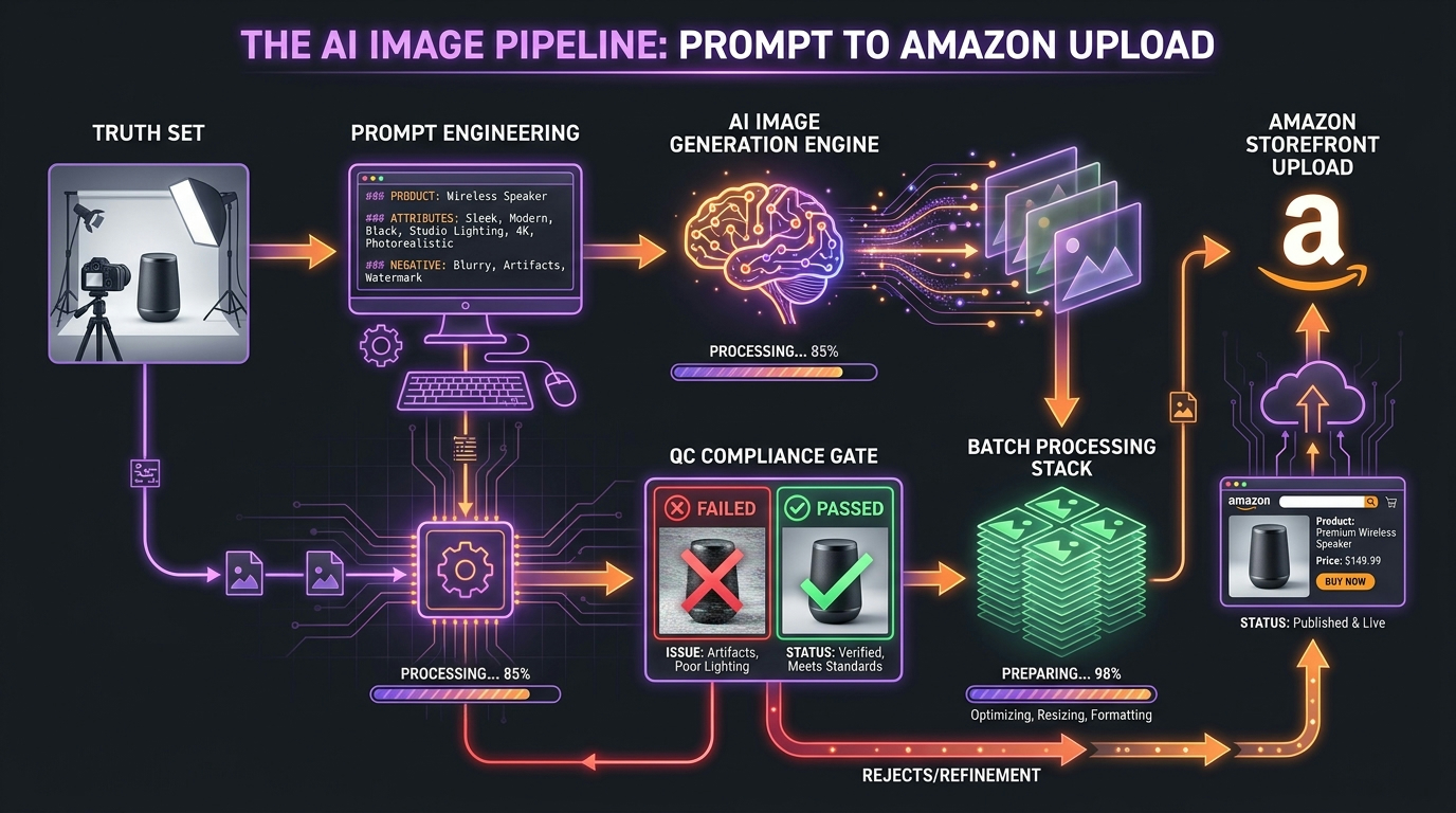 The AI Image Pipeline for Amazon: a multi-stage technical diagram from Truth Set capture through prompt engineering, AI generation, QC compliance gates, batch processing, and final Amazon upload