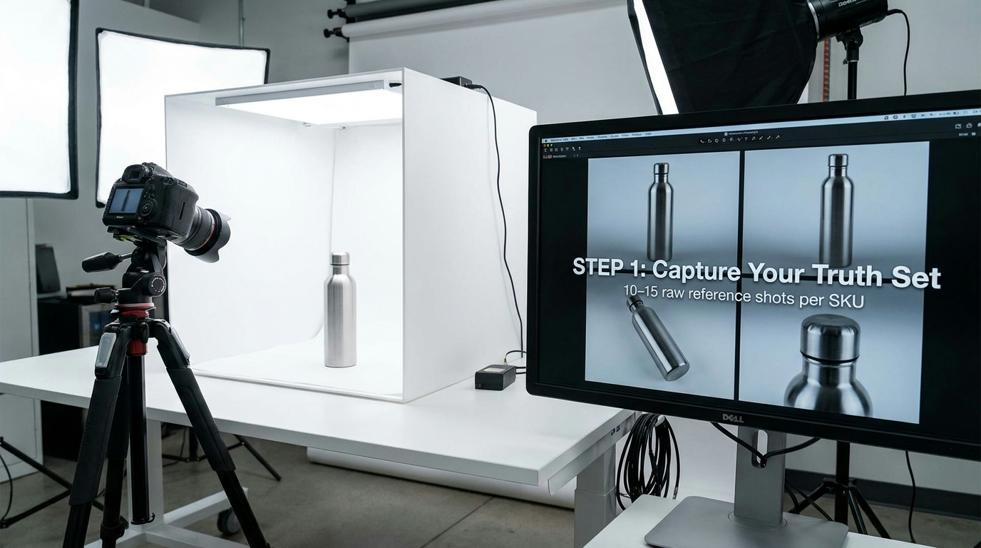 Product truth set capture session: a water bottle being photographed from multiple angles in a white lightbox studio, with reference angles shown on a monitor — Step 1 of the AI image pipeline