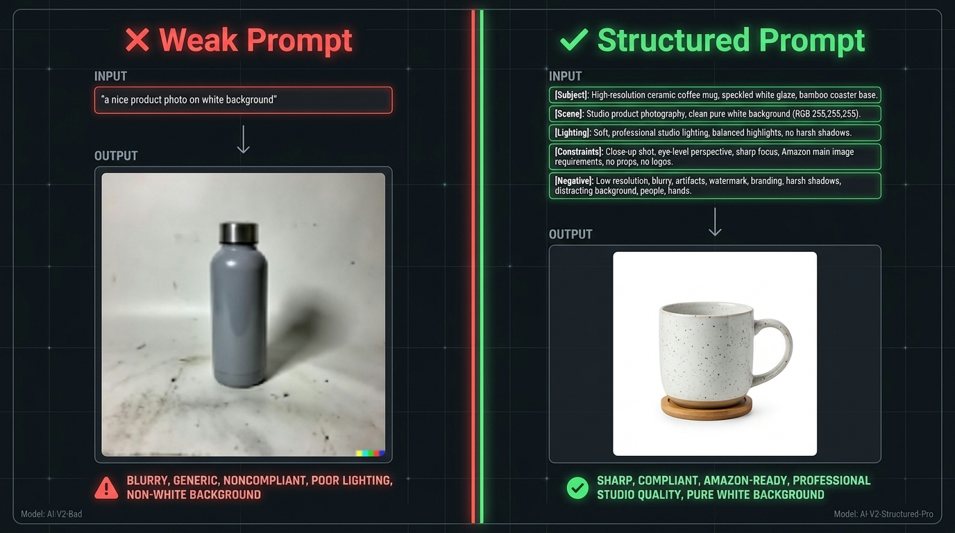 Side-by-side comparison of a weak unstructured AI prompt producing a noncompliant Amazon product image versus a structured five-field prompt template producing a sharp, compliant output