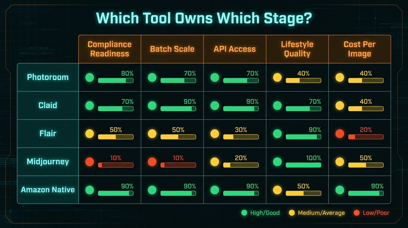 Tool comparison matrix for Amazon AI image generation — Photoroom, Claid, Flair, Midjourney, and Amazon Native rated across compliance readiness, batch scale, API access, lifestyle quality, and cost per image