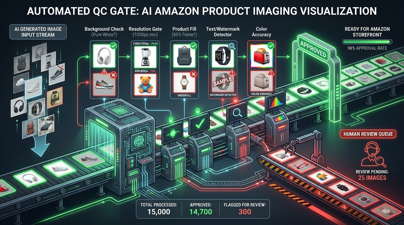 Automated QC compliance gate for Amazon product images: conveyor belt showing images passing through scanners for background purity, resolution, product fill percentage, text detection, and color accuracy — approved images pass, flagged images route to human review