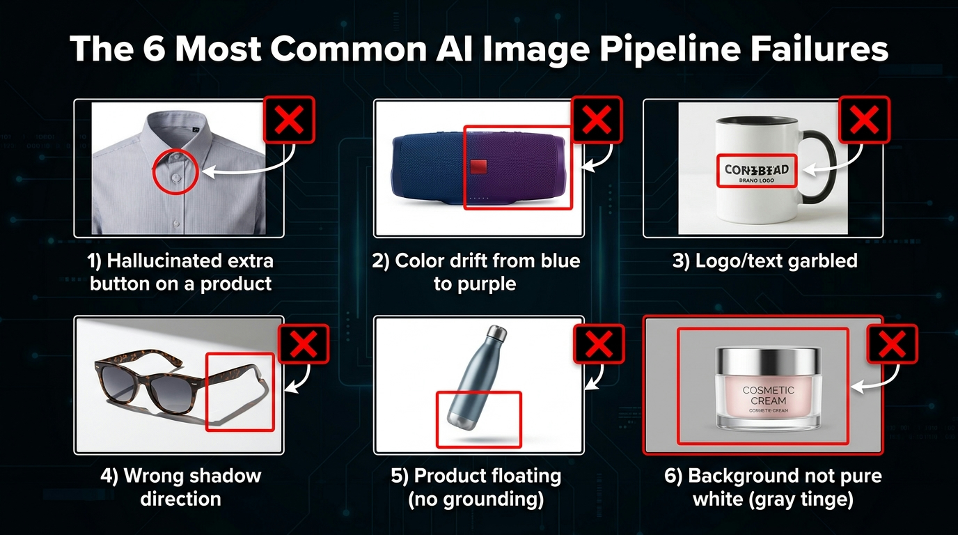 The six most common AI image pipeline failures for Amazon: hallucinated product features, color drift, garbled logo text, wrong shadow direction, floating product with no grounding, and gray-tinted background