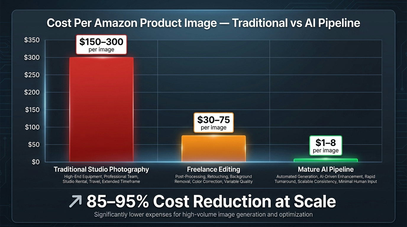 Cost per Amazon product image comparison: Traditional Studio Photography $150-$300, Freelance Editing $30-$75, Mature AI Pipeline $1-$8 — showing 85-95% cost reduction at catalog scale
