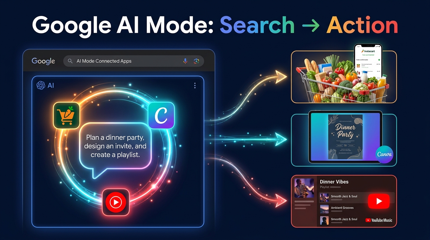 Google AI Mode Connected Apps showing Instacart, Canva, and YouTube Music integrations with search-to-action workflow